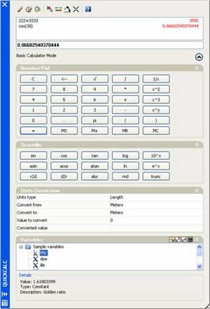 AutoCAD 2006 Диалоговое окно встроенного в AutoCAD калькулятора