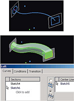 Задание центральной кривой в команде Loft в Autodesk Inventor Series 11