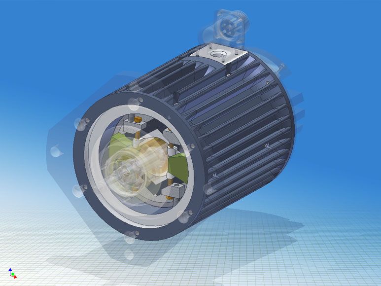 Общий вид электродвигателя с полупрозрачной передней крышкой (Autodesk Inventor 10)