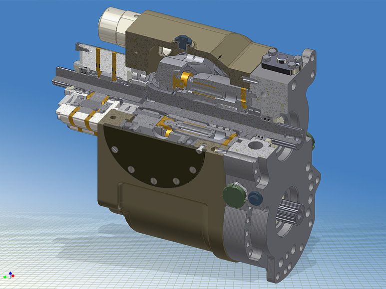 Модель гидропривода, разрез 3/4 (Autodesk Inventor 10)